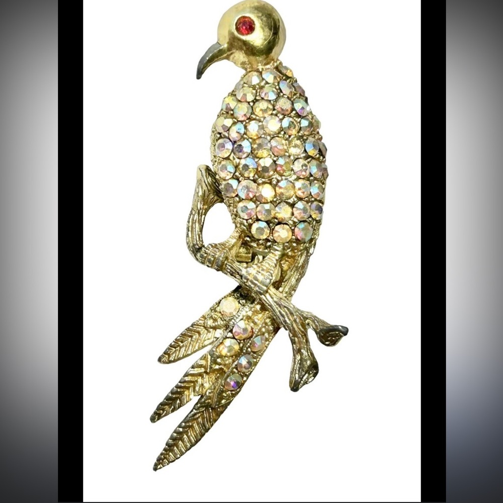 Vintage Gold-tone Bird Brooch w/ Aurora Borealis Rhinestones